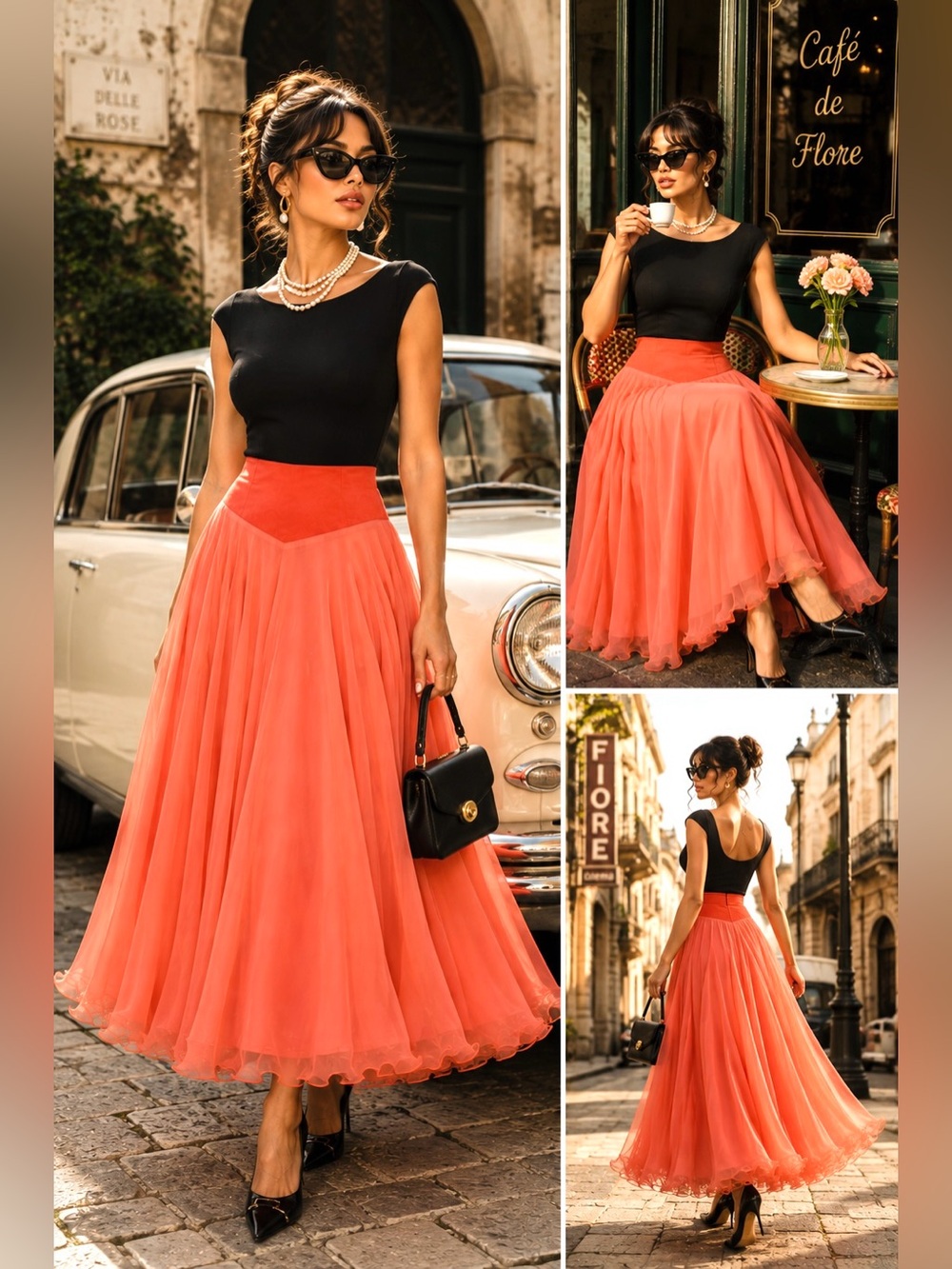Handmade Coral Suede-Waist Tulle Chiffon Circle Maxi Skirt S/M - Picture 6 of 16